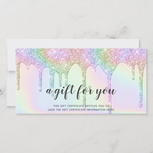 虹色のギフトカードのユニコーングリッタードリップスグラム (正面)