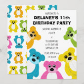 虹色のクマのぬいぐるみパーティー かわいい子供の誕生日パーティー 招待状 (正面/裏面)