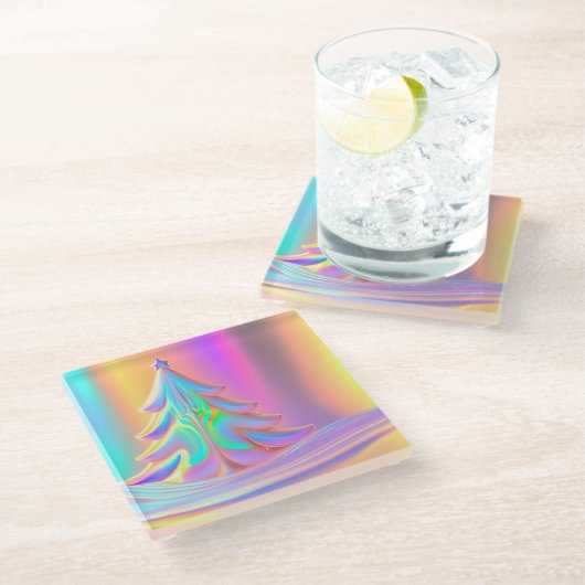 虹色のクリスマスツリー ガラスコースター (アングル)