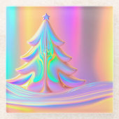 虹色のクリスマスツリー ガラスコースター (正面)