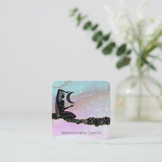 *~*虹色のグリッターの月のQRコードの女神めい想 スクエア名刺 (スタンド正面)