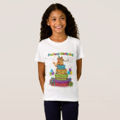 虹色のケーキの上の完璧な誕生日の可愛いキャラクター猫 Tシャツ (正面フル)