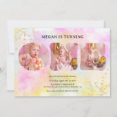 虹色のゴールドグリッター パステル 3枚の写真 1歳の誕生日 招待状 (正面)