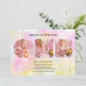 虹色のゴールドグリッター パステル 3枚の写真 1歳の誕生日 招待状 (スタンド正面)