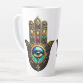 虹色のサードアイが付いたチョコレートゴールドハムサ カフェラテマグ (左アングル)