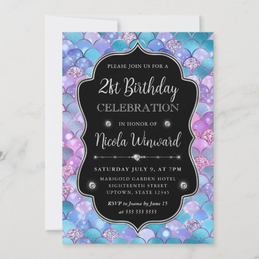 虹色のシルバー マーメイド スケール フレーム 誕生日 招待状 (正面)