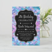 虹色のシルバー マーメイド スケール フレーム 誕生日 招待状 (スタンド正面)