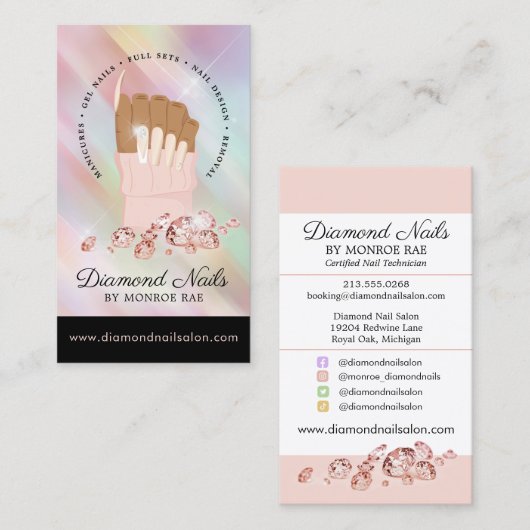 虹色のダイヤモンドネイルサロン爪、 ネイルテックアーティスト 名刺 (正面/裏面)