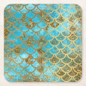 虹色のティール(緑がかった色)の金ゴールドのグリッターの人魚の魚スケール スクエアペーパーコースター (正面)