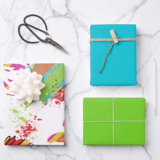 虹色のデイジーストライプ柄 - ソフトターコイズ/ライム ラッピングペーパーシート (正面)