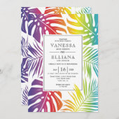 虹色のトロピカルリーフがゲイ・レズビアン結婚式を彩る 招待状 (正面/裏面)