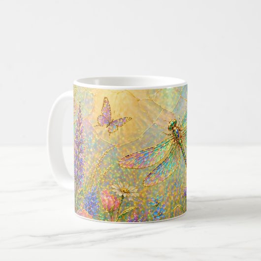 虹色のトンボの草原と蝶 コーヒーマグカップ (正面左)
