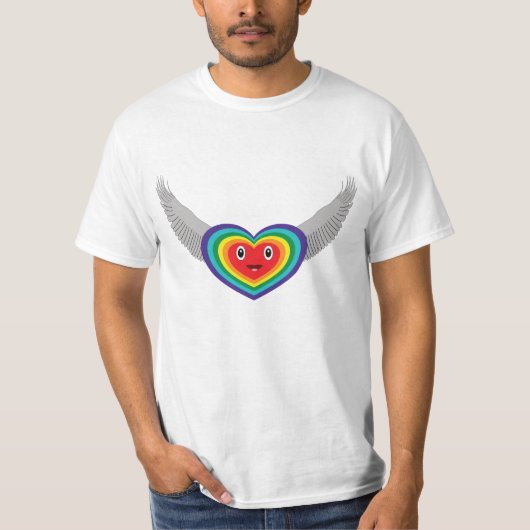 虹色のハートの漫画飛んでいる Tシャツ (正面)