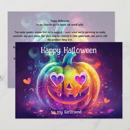 🌈🎃虹色のハートの目をしたパンプキンカード 招待状 (正面/裏面)