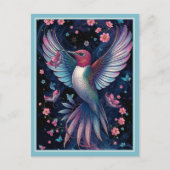 虹色のハummingbirdの羽を持つ魔法のハummingbird、ピンクの花 ポストカード (正面)