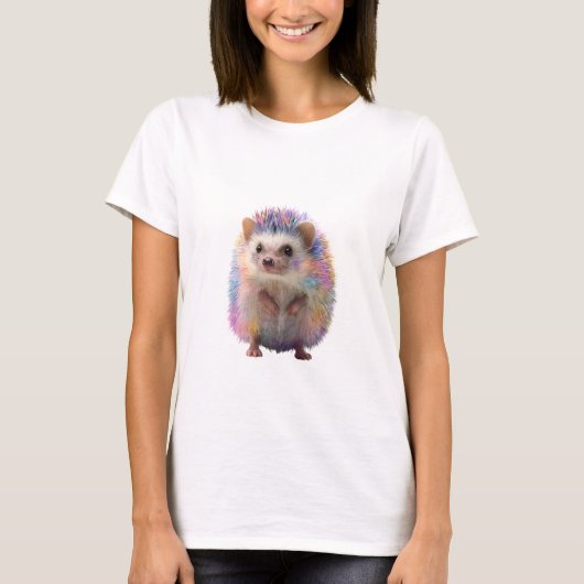 虹色のパステルカラーのハリネズミが誇らしげに立つ女性 Tシャツ (正面)
