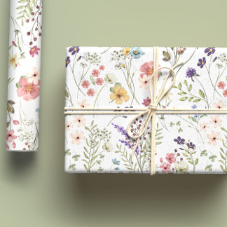 虹色のパステルカラーの水彩画の野生の花の草原 ラッピングペーパーシート