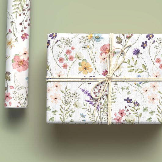 虹色のパステルカラーの水彩画の野生の花の草原 ラッピングペーパーシート