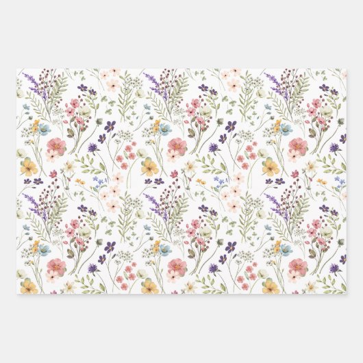 虹色のパステルカラーの水彩画の野生の花の草原 ラッピングペーパーシート (正面2)