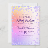 虹色のパープルグリッター フォト サプライズ スイート16 招待状 (正面)