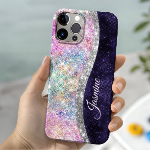 虹色のパープルシルバーグリッターのモノグラム iPhone 13ケース