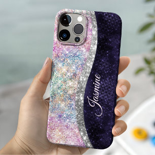 虹色のパープルシルバーグリッターのモノグラム Case-Mate iPhone 14ケース