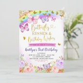 虹色のピンクとパープルの蝶の誕生日招待状 招待状 (スタンド正面)