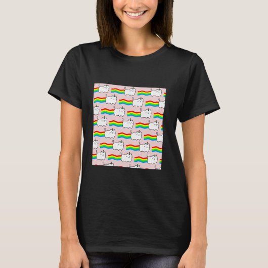 虹色のピンクの背景と猫 Tシャツ (正面)