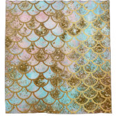 虹色のピンクの金ゴールドのグリッターの人魚の魚スケール シャワーカーテン (正面)