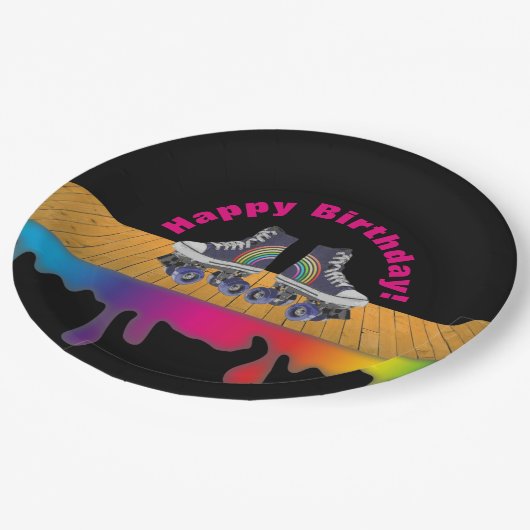 虹色のペンキのローラースケートで滑るの誕生会 ペーパープレート (アングル)