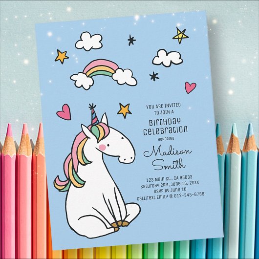 虹色のユニコーンスターズハートの誕生日招待状 インビテーションポストカード