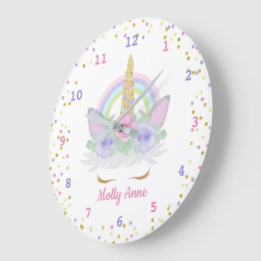 虹色のユニコーン ピンク、パープル & ゴールドのコンフェッティドット ラージ壁時計 (傾斜)