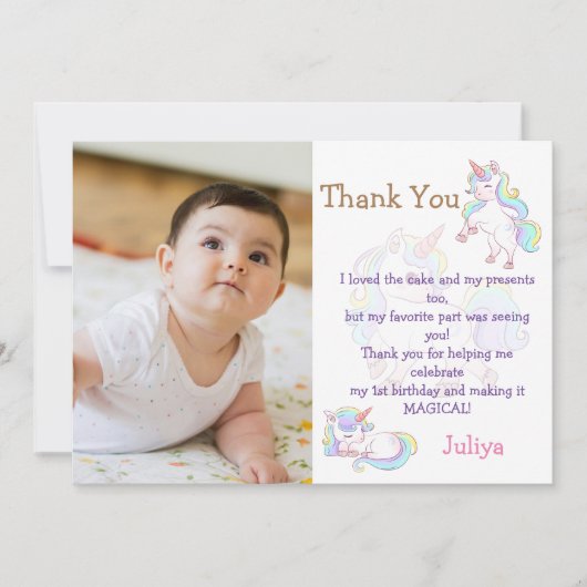 虹色のユニコーン 赤ちゃん女の子の誕生日写真 サンキューカード (正面)