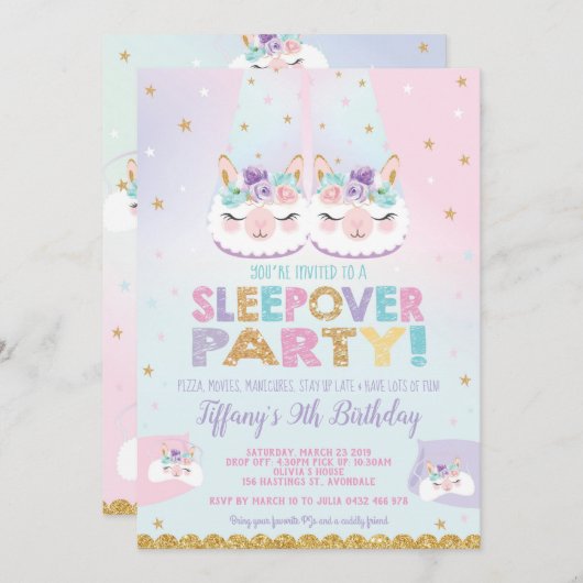虹色のラマのおやすみ誕生日パーティースリーパー 招待状 (正面/裏面)