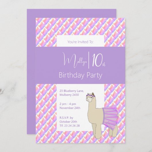 虹色のラマ パープルガールズ 10歳の誕生日 招待状 (正面/裏面)
