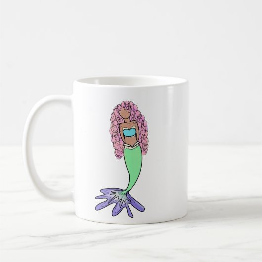 虹色の人魚 ピンク 青 紫 緑 黒 カーリー コーヒーマグカップ (左)