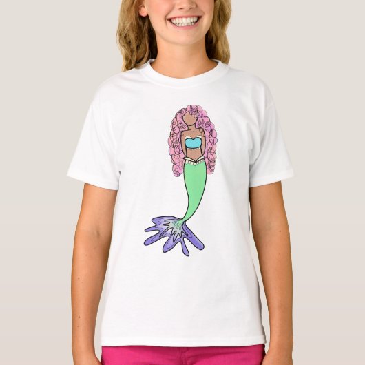 虹色の人魚 ピンク 青 紫 緑 黒 カーリー Tシャツ (正面)