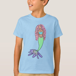 虹色の人魚 ピンク 青 紫 緑 黒 カーリー Tシャツ