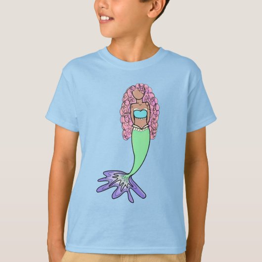 虹色の人魚 ピンク 青 紫 緑 黒 カーリー Tシャツ (正面)