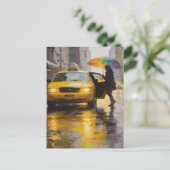 虹色の傘を持つ抽象的な女性の雨の日 ポストカード (スタンド正面)
