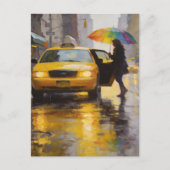 虹色の傘を持つ抽象的な女性の雨の日 ポストカード (正面)
