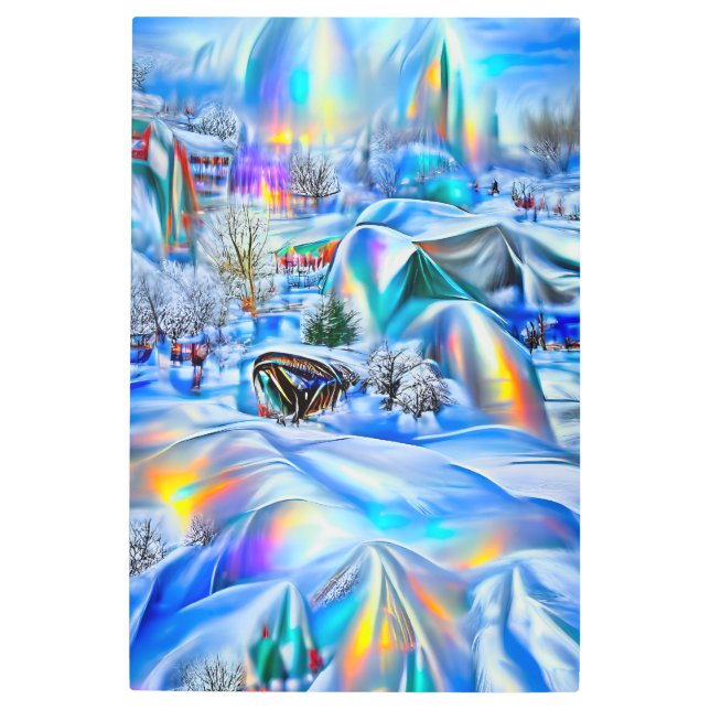 虹色の光を持つ超現実的な冬のワンダーランド メタルプリント (正面)
