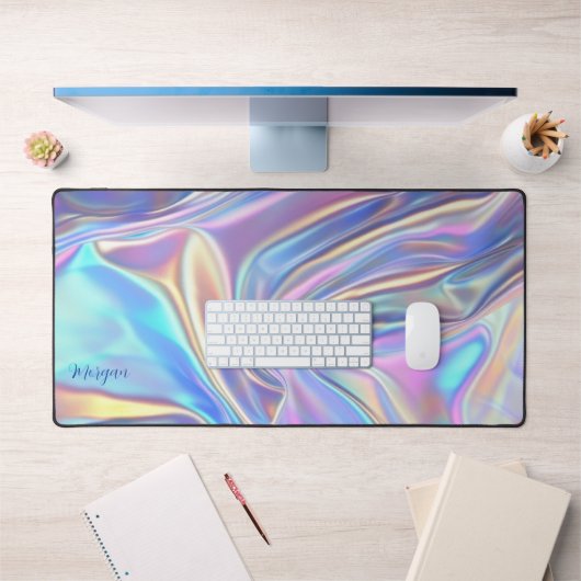 虹色の光沢のあるメタリック生地、スクリプト名 デスクマット (オフィス1)