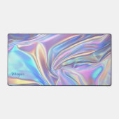 虹色の光沢のあるメタリック生地、スクリプト名 デスクマット (正面)