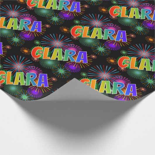 虹色の名前に"CLARA"と花火 ラッピングペーパー (角)