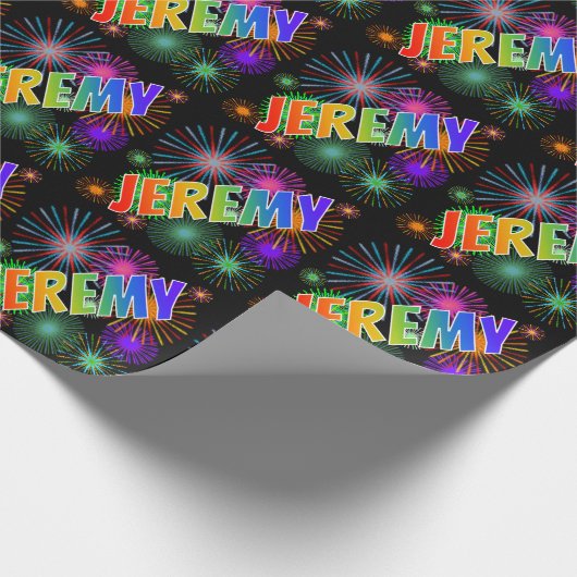 虹色の名前に"JEREMY"と花火 ラッピングペーパー (角)