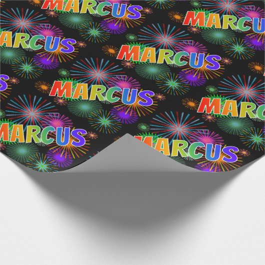 虹色の名前に"MARCUS" + 花火 ラッピングペーパー (角)
