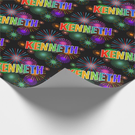 虹色の名前「KENNETH」と花火 ラッピングペーパー (角)