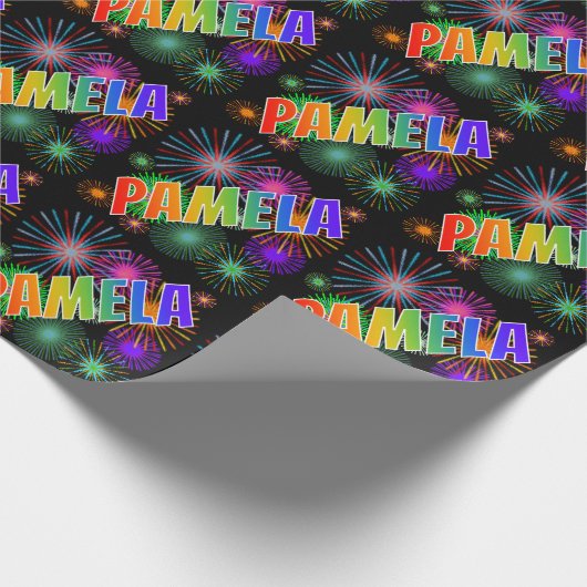 虹色の名前「PAMELA」+ 花火 ラッピングペーパー (角)