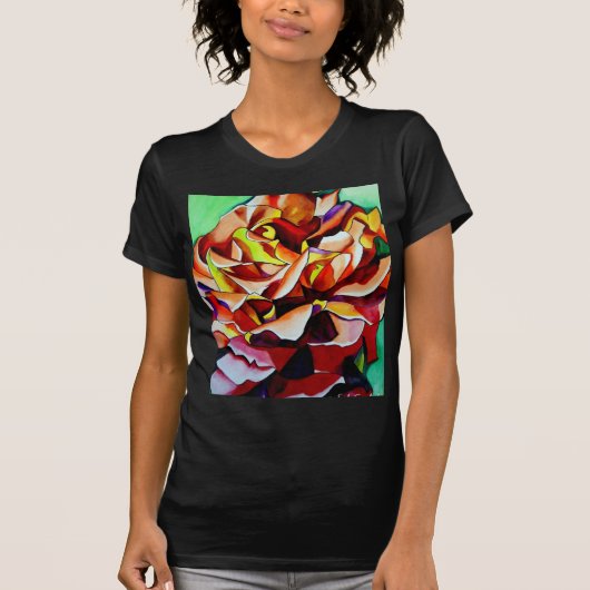 虹色の夕焼け ローズ 水彩画オリジナルアート Tシャツ (正面)